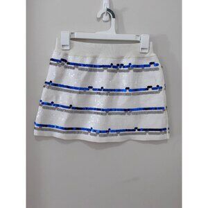 White Sequin Mini Skirt With Blue & Silver Stripes By Queen Of Sparkles XS